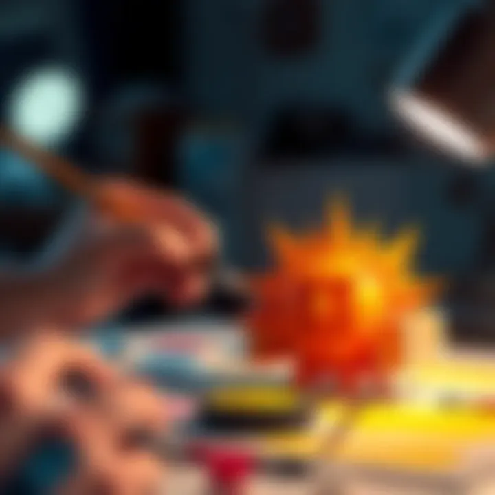 Painting a 3D Printed Sunshot Model A person painting a colorful 3D printed Sunshot model with brushes and paints