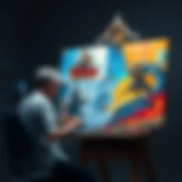 An artist working on a colorful painting inspired by the game Arc Raiders, showing vivid scenes and characters from the game