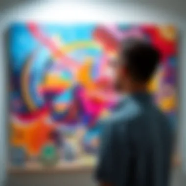 A man admires a large, colorful painting inspired by the LP Halo, created by his girlfriend as a birthday gift.