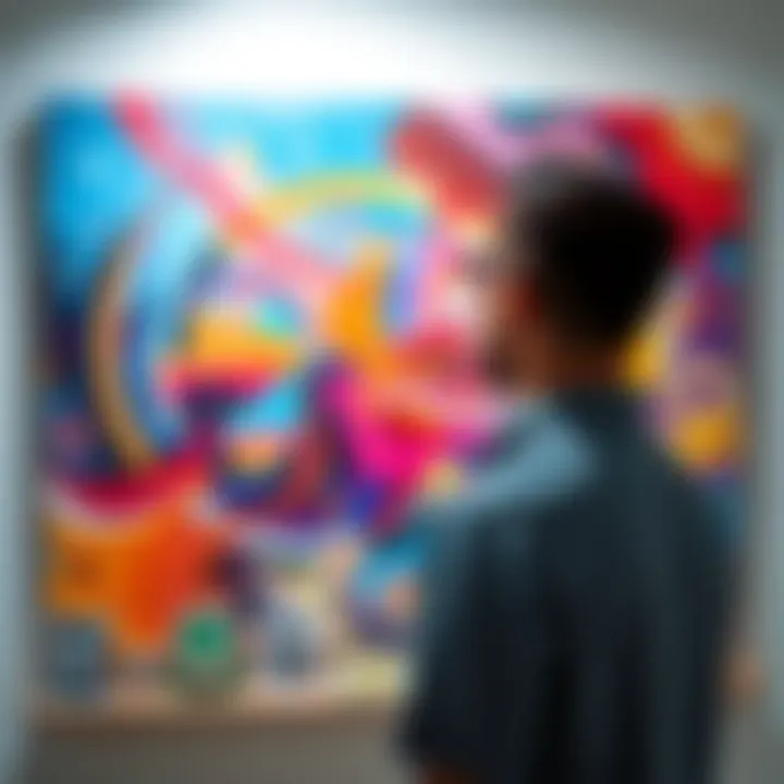Painting Gift for Birthday A man admires a large, colorful painting inspired by the LP Halo, created by his girlfriend as a birthday gift.