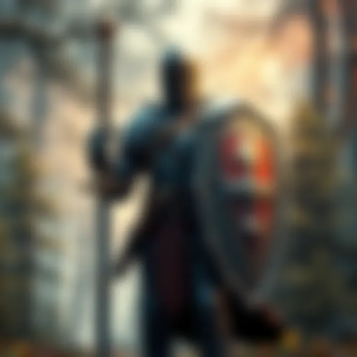 A noble paladin in shining armor holds a sword and shield, standing tall against a magical forest background.
