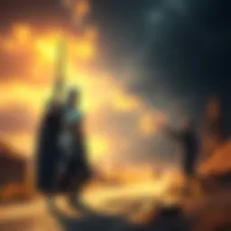 A Paladin in shining armor stands conflicted, holding a sword with one hand while reaching out towards a distressed villager with the other, symbolizing a choice between duty and compassion.