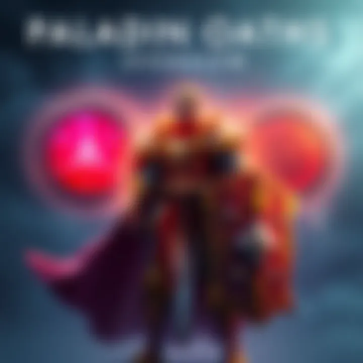 A Paladin standing tall in armor, holding a sword and shield, with different oath symbols in the background representing various gameplay styles, emphasizing character choices.
