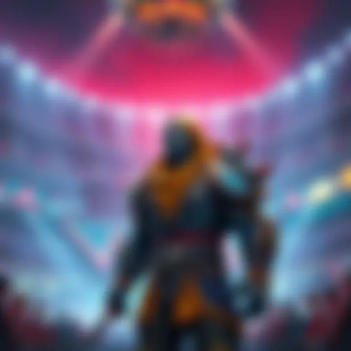 A Paladins character stands in a vibrant arena, with a backdrop hinting at past game updates, evoking nostalgia among fans