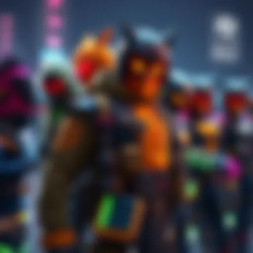 Players displaying their unique character styles in a gaming community, featuring colorful outfits and team aesthetics.