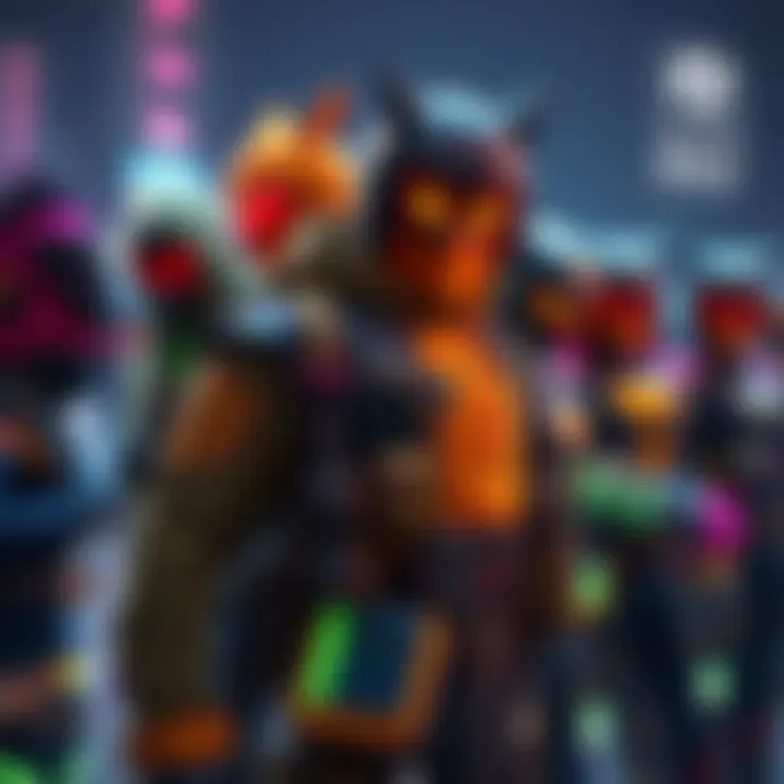 Players displaying their unique character styles in a gaming community, featuring colorful outfits and team aesthetics.