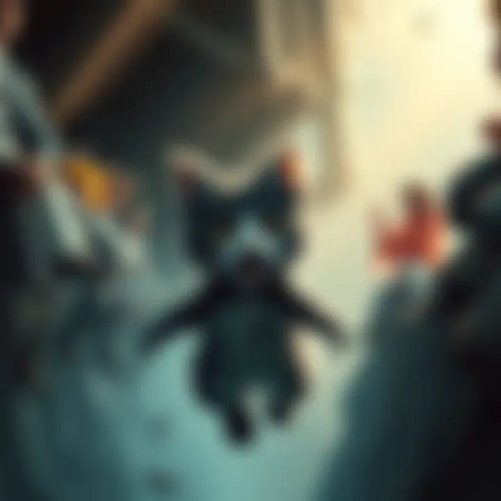 Palico falls into the abyss A Palico unexpectedly drops into a dark abyss while onlookers react in shock and surprise.