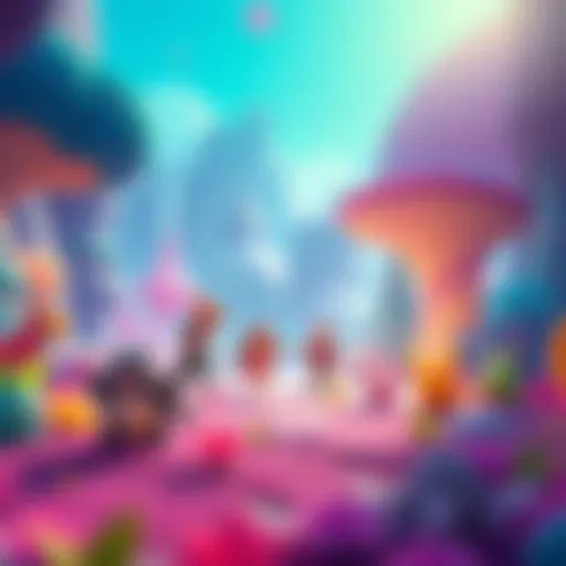 A colorful scene from the Palworld 1.0 cinematic trailer showing characters exploring a vibrant environment with various creatures.