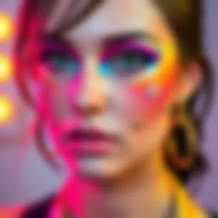 A person showcasing Panam's makeup style with colorful eyeshadow and piercings, highlighting a playful and creative transformation.