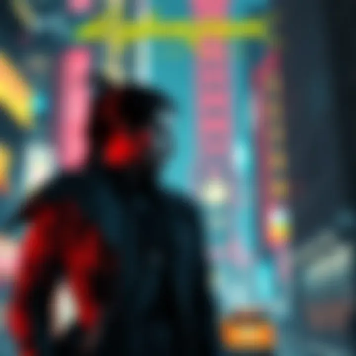 Panam and male V standing close in a neon-lit cityscape, showing tension in their relationship as they face the challenges of leadership and love.