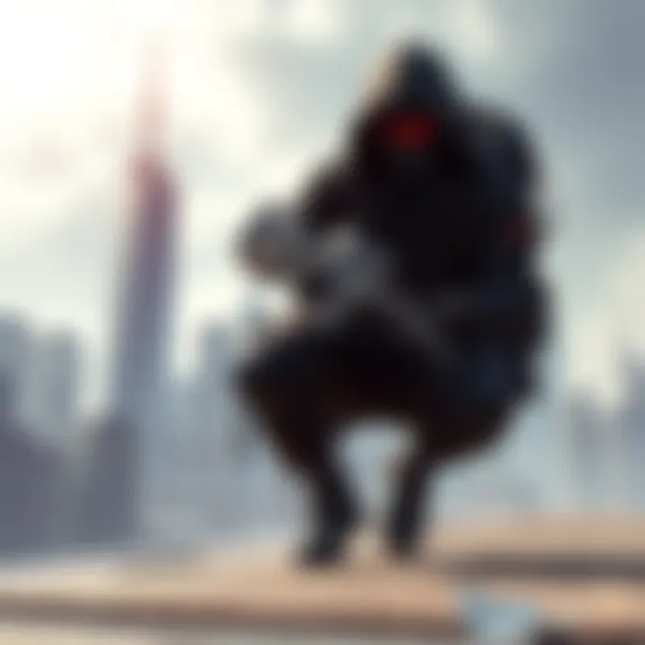 A character dressed in dark tactical gear, crouching and ready for action, with a city skyline in the background
