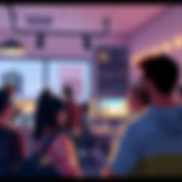 People attending an in-person demo for Big Walk at Panic's office, showcasing a cozy office atmosphere with excited fans and game displays.