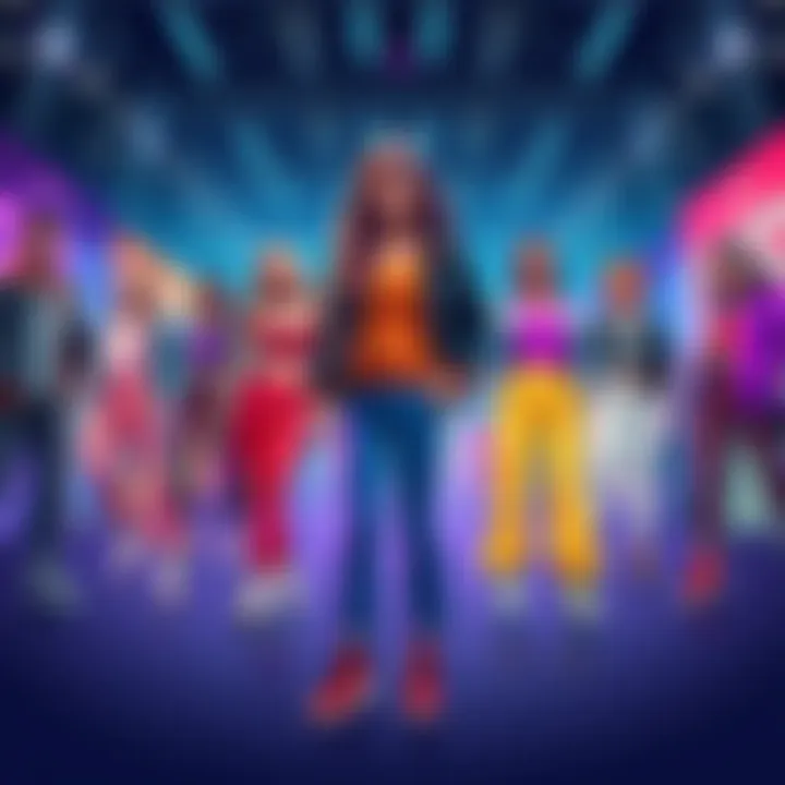 A colorful image showing various pants styles worn above and below shoes in a fashion game setting, with characters showcasing their outfits.