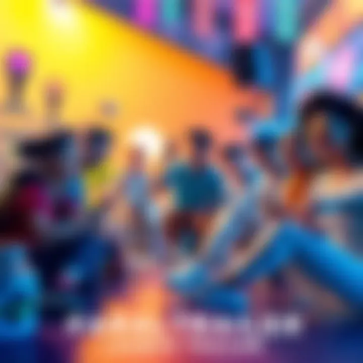 A vibrant scene showing diverse characters engaging in creative activities in a life simulation environment