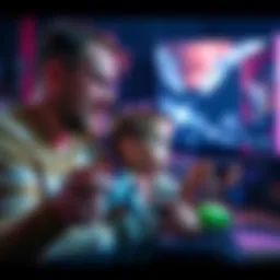Parent and child playing Halo together A father and his 6-year-old son engaging in a gaming session of Halo, focusing on the screen with controllers in hand