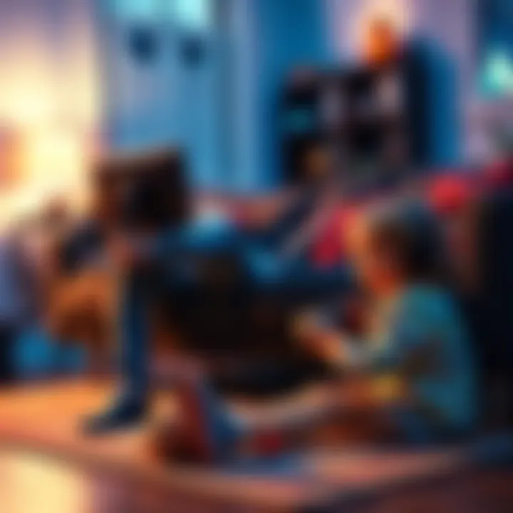 A parent sitting on a couch playing a PC game, with a toddler playing on the floor nearby, creating a cozy gaming environment.