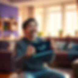 A parent with a relieved expression, holding a new Steam Deck in a cozy living room, showcasing their excitement after replacing the lost device.