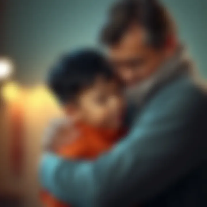 A parent holds their young son close, both sharing a moment of tenderness, reflecting love and connection.