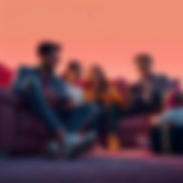 A group of parents sitting together, playing video games on couches, enjoying competitive play while sharing laughs, with a toddler playing nearby.