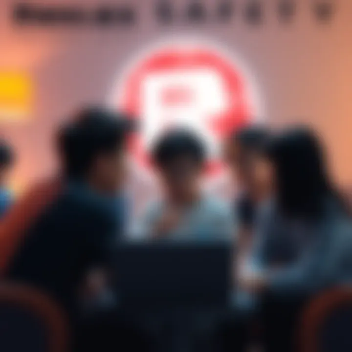 Parents Discussing Roblox Safety A group of parents talking about the safety of Roblox for children, with worried expressions and a Roblox logo in the background.