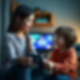 A mother and child in conversation about video game limits, with a game console in the background.