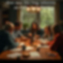 A family gathered around a table, engaged in a game of Dungeons & Dragons, with a Dungeon Master overseeing the session, dice and character sheets scattered across the table.