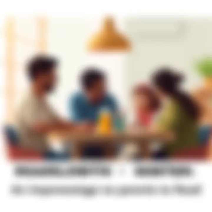 A family sitting together at a table, having an open conversation, sharing thoughts and listening to each other.