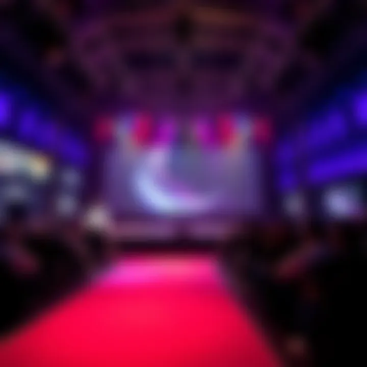 Empty presentation stage at the Paris Game Show with a large screen showing game logos and lackluster audience