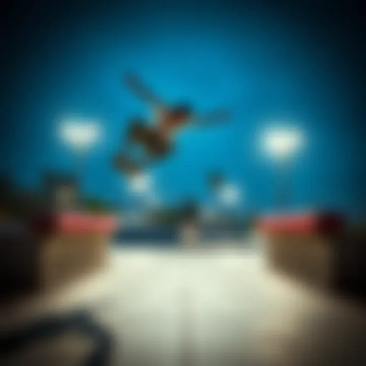 A parkour enthusiast performing a precision jump between two ledges at a skatepark, showcasing skills without using ramps.