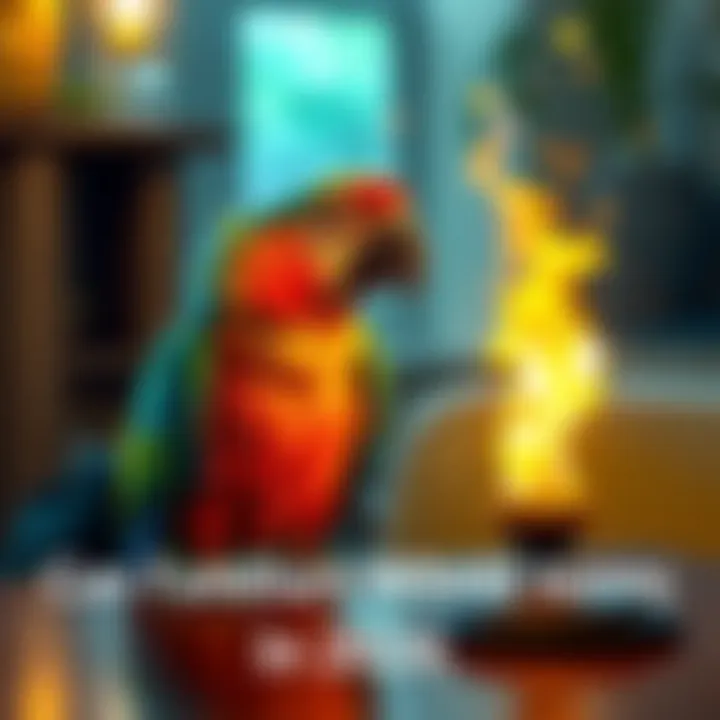 A colorful parrot perched on a table, looking curiously at a glowing magic item, symbolizing the idea of pets using magic tools.