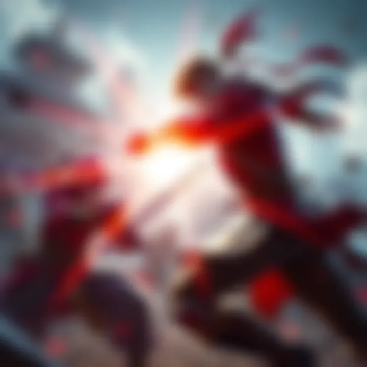 A character performing a parry move, blocking an attack with precise timing, surrounded by a dynamic battle scene.