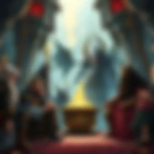 A lively group of characters in a fantasy realm discussing choices and ambitions, surrounded by mystical elements