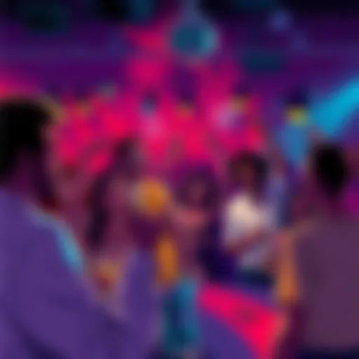 Illustration showing a lively party with people celebrating, contrasting with the serious nature of Emiru's allegations against Dan Clancy