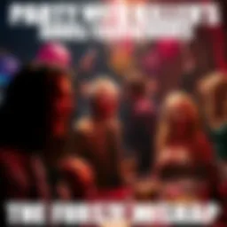 A chaotic party featuring various killers and survivors, some laughing while others look concerned, with party decorations in the background.