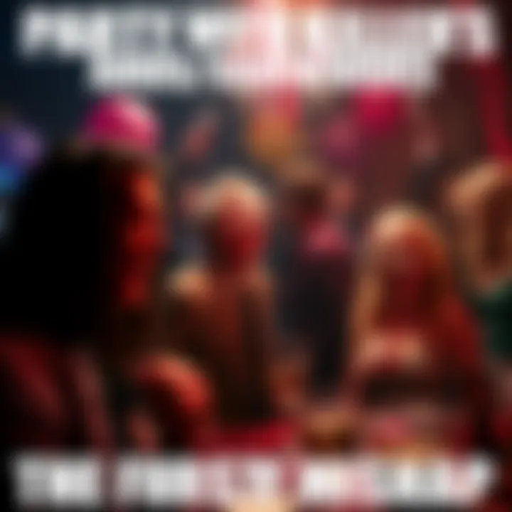 A chaotic party featuring various killers and survivors, some laughing while others look concerned, with party decorations in the background.