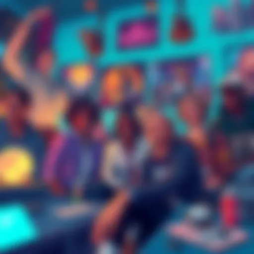 A vibrant illustration showing a group of diverse gamers enthusiastically discussing the need for Dusk 2, surrounded by Dusk-themed artwork and game memorabilia.