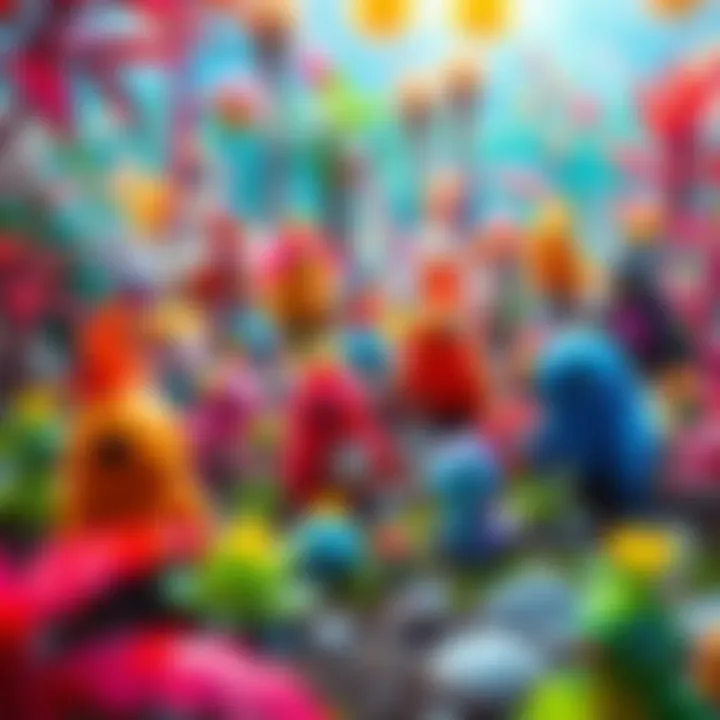 A vibrant scene depicting various cute and colorful creatures collected in a virtual garden environment