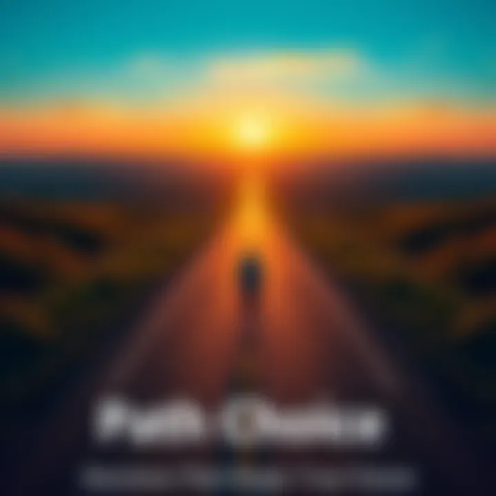 Path Choices A person standing at a fork in the road, contemplating which direction to take, symbolizing decision-making.