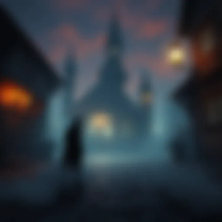 A screenshot from Pathologic Classic HD showing a character in a dark, eerie town setting with unique architecture and misty atmosphere.