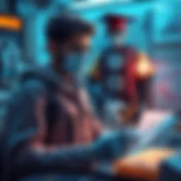 A character in a game focusing on improving Pathology skills, surrounded by medical tools and charts.