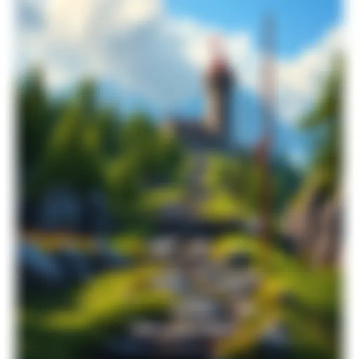 A scenic view of the path leading up to Stormveil Castle, surrounded by trees and rocky terrain.