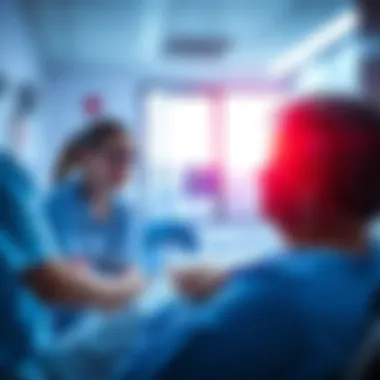 A patient sharing their story about care received at Pembroke Hospital, with staff listening attentively in a hospital setting.