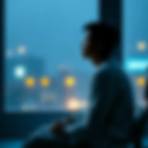 A patient sits by a window, gazing thoughtfully at rain falling outside, lost in reflection.