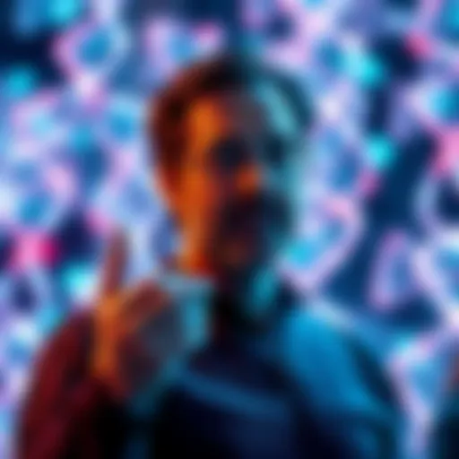 Patrick Brochard-Klein presents ideas on future human genome changes, with DNA strands in the background.