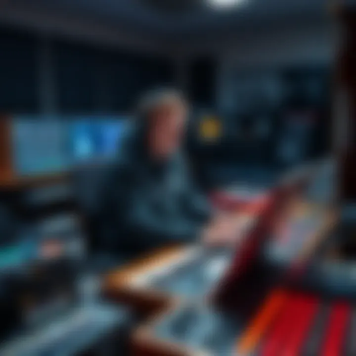 Patrik Andrén working in a studio with vintage synthesizers and analog equipment for the ARC Raiders soundtrack
