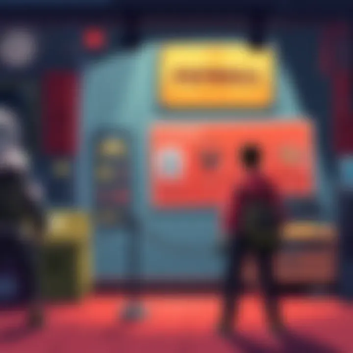 Illustration showing a game character standing frustrated in front of a paywall, with cosmetic items in the background and a sign indicating locked gameplay improvements.