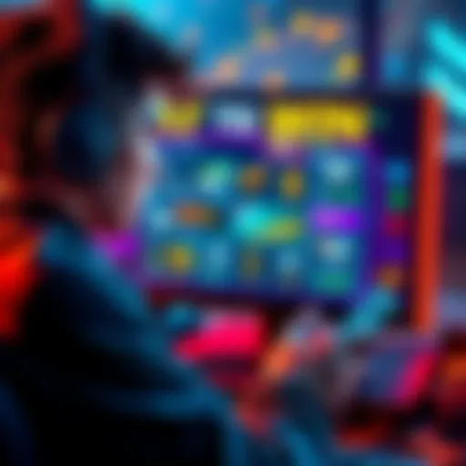 A gamer looking at a screen displaying in-game purchases and advantages, with coins and game items around.