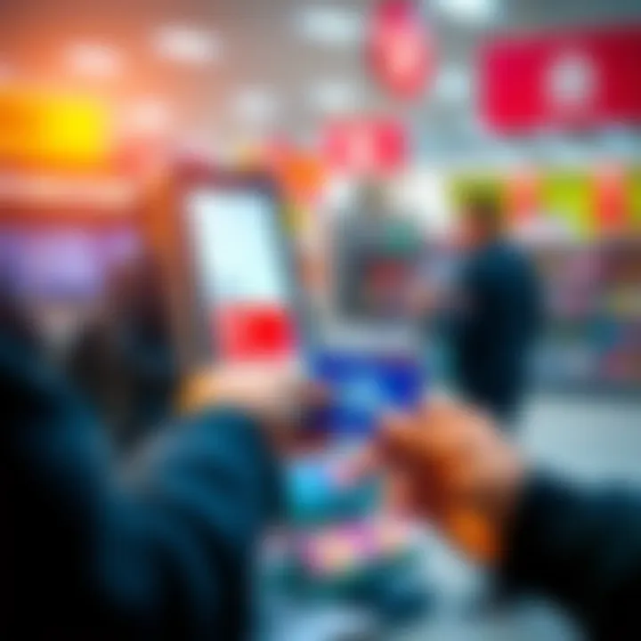 A person using a gift card at a checkout with a remaining balance shown on the screen, while holding a credit card to cover the difference.