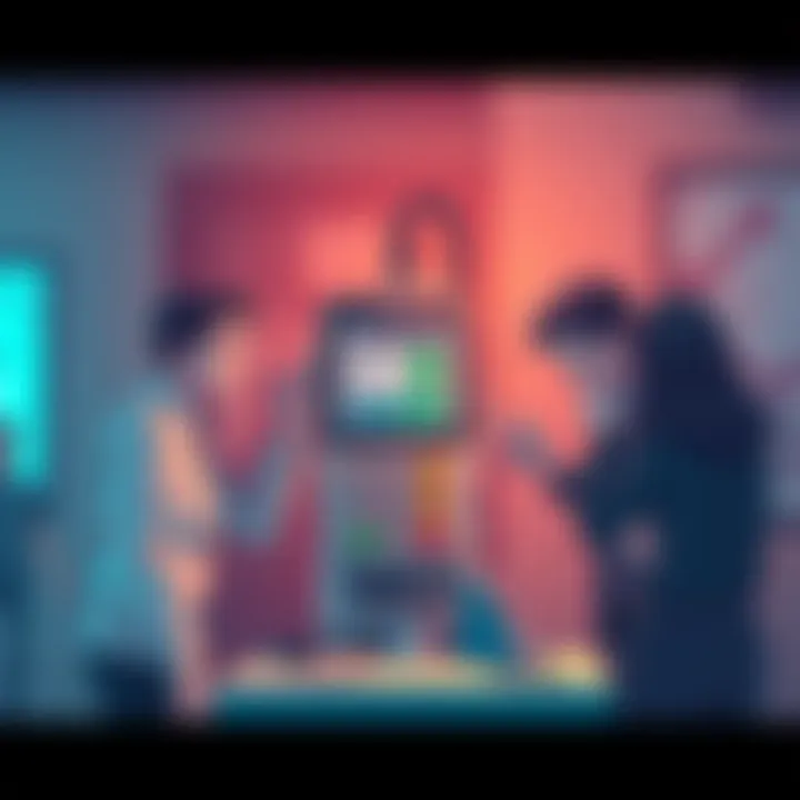 Illustration showing frustrated people around a broken payment terminal, indicating payment system problems.