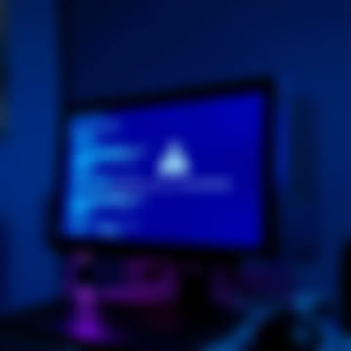 PC displaying blue screen error A computer screen showing a blue screen error with a warning sign